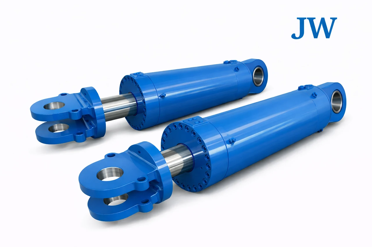 Blue hydraulic cylinder design illustration with rod-end connections
