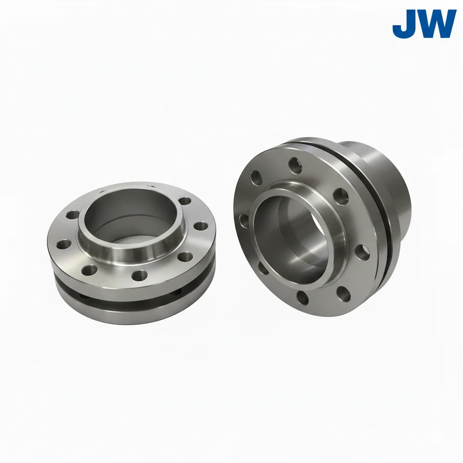 Two machined circular components with central bores and bolt-hole patterns