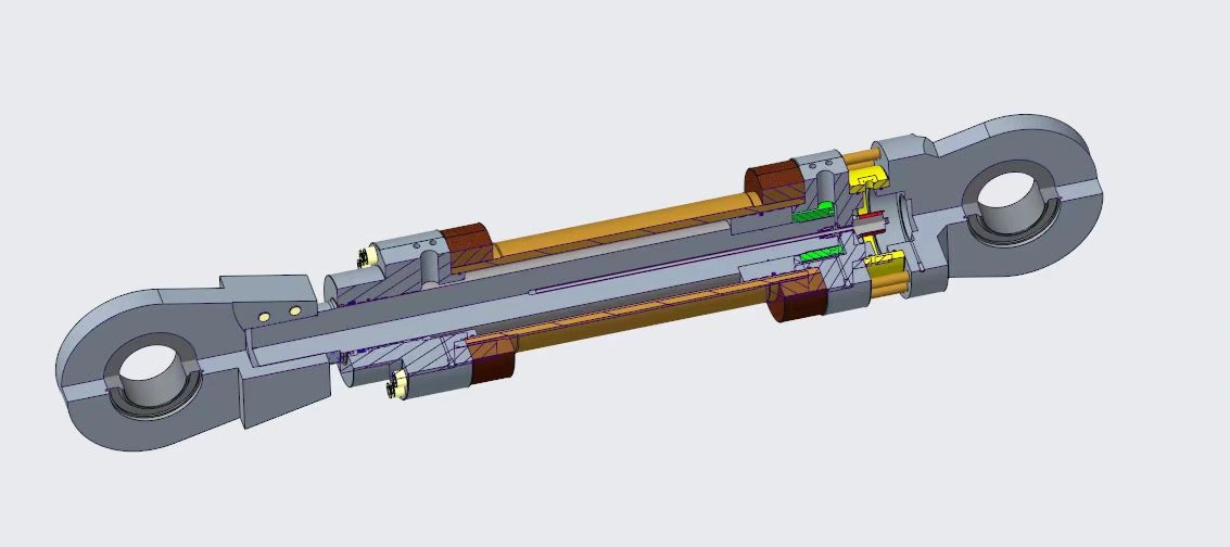 Hydraulic cylinder CAD section showing the rod, housing and internal layout