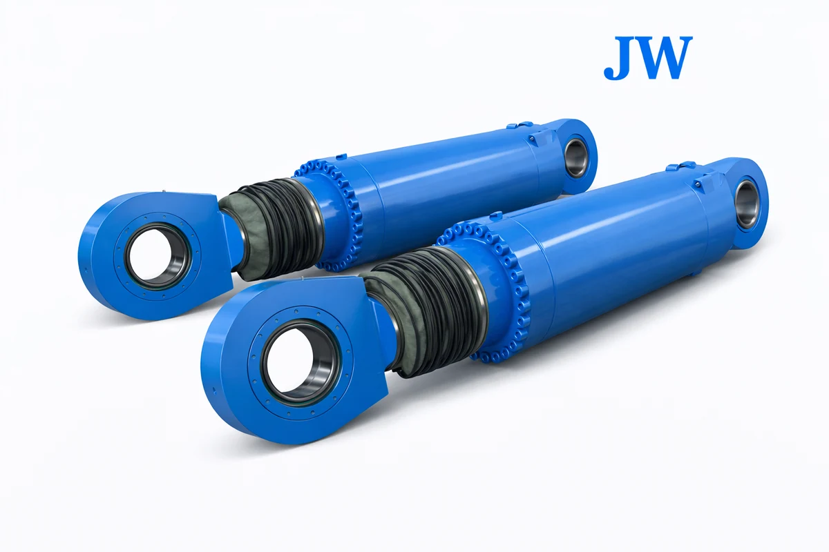 Blue hydraulic cylinder illustration showing covers around the rod area