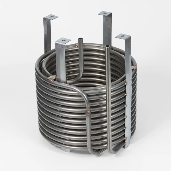 Helical tube coil held by four upright mounting supports with formed tube ends