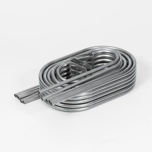 Nested oval tube coils with open straight ends and internal support brackets
