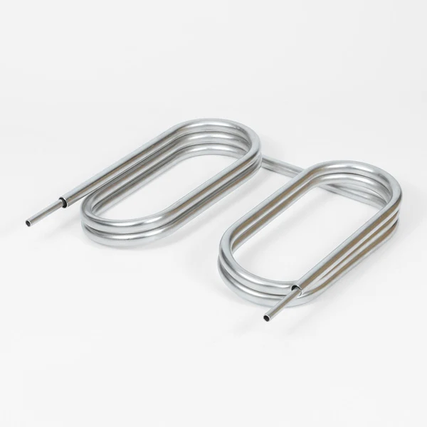Two oval tube coils joined by a connecting section with extended tube ends